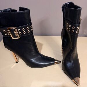 Stylish Black and Gold Ankle Boots with Buckle Detail